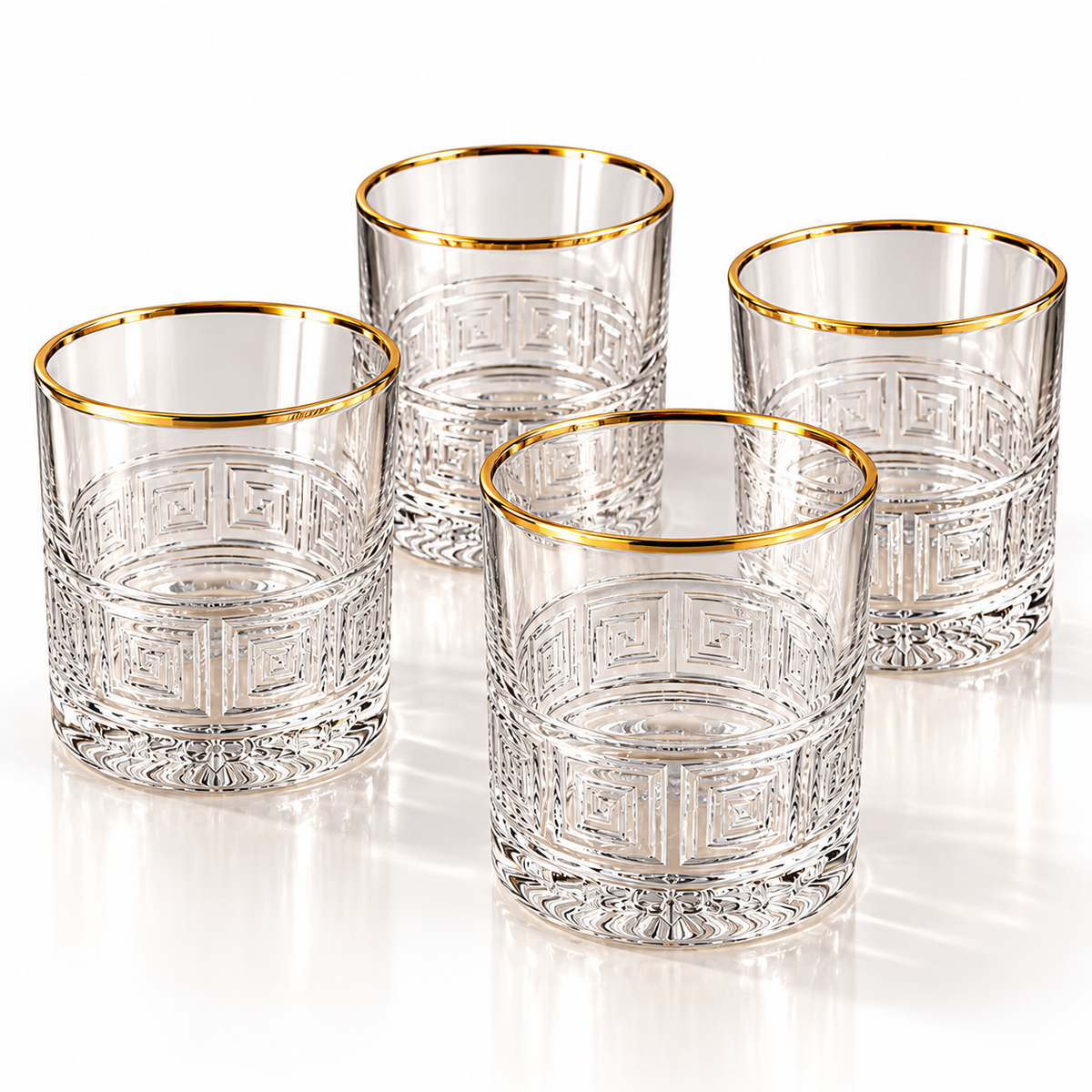 Luxury Greek Key Gold Rim Glass Tumbler Set – 4 Pcs