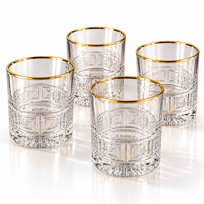 Luxury Greek Key Gold Rim Glass Tumbler Set – 4 Pcs
