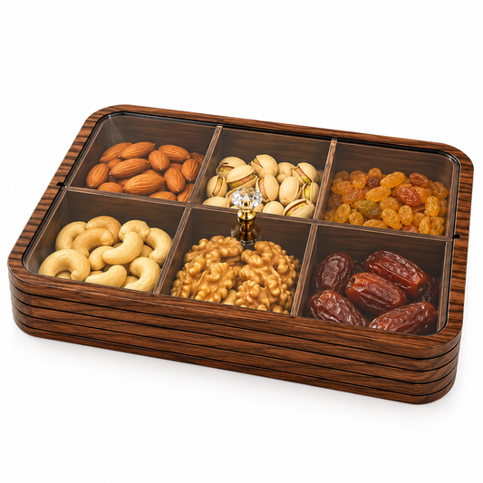 Premium Bamboo Dry Fruit Box with Plastic Lid – 6 Compartments | Dark Walnut