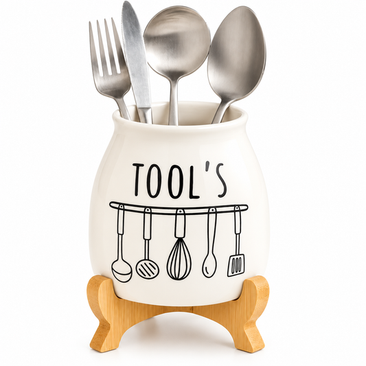 Porcelain Cutlery Holder With Bamboo Stand