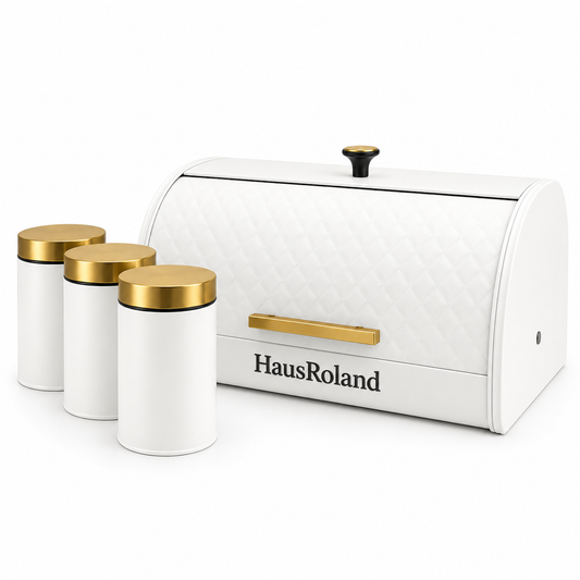 HausRoland Luxe Quilted Bread Bin & Canister Set – White & Gold