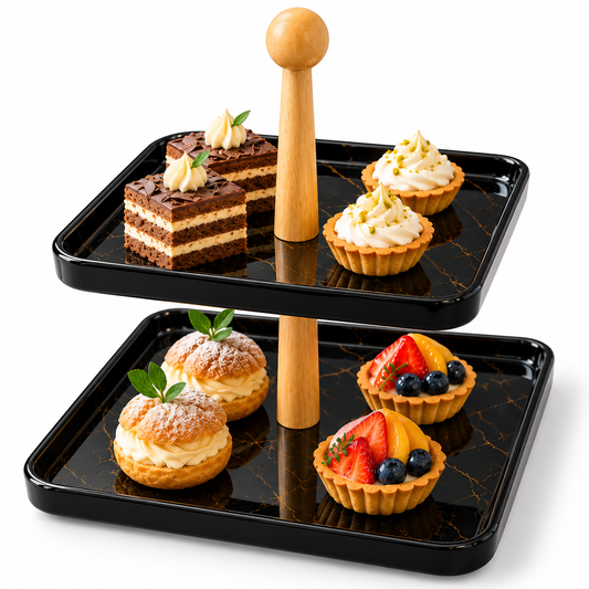 Two-Tier Black Serving Tray with Wooden Stand