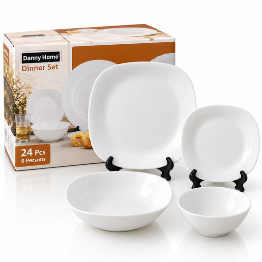 Danny Home 24 Pcs Modern Square White Dinner Set