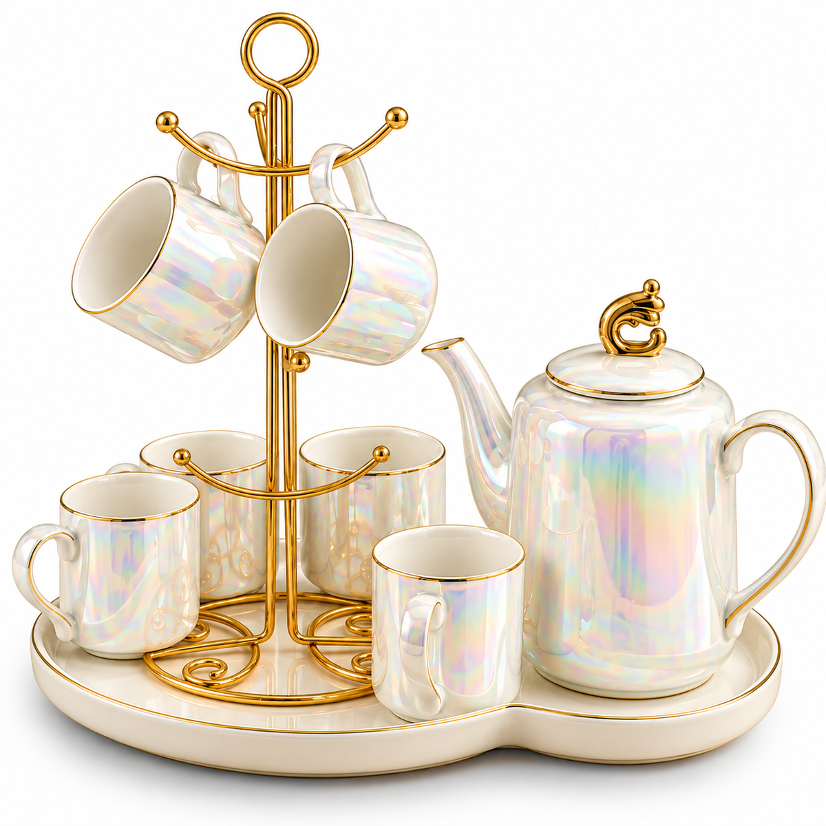 Elegant 8-Piece Ceramic Tea Set with Stand & Tray