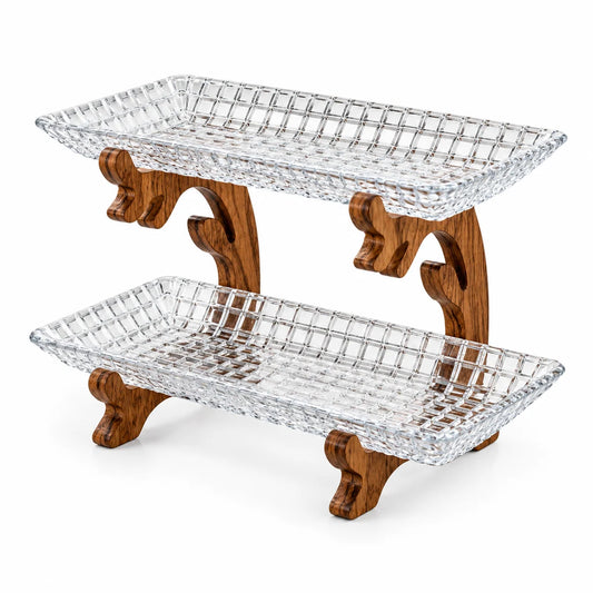 Walnut Wood 2-Tier Rectangular Glass Serving Platter