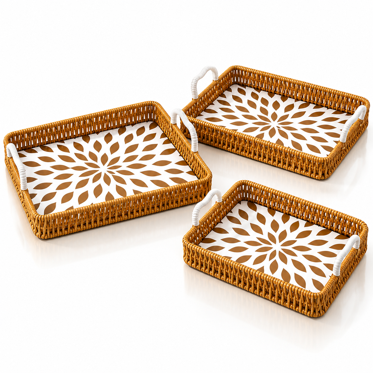 3-Piece Woven Serving Tray Set with Floral Pattern - Square
