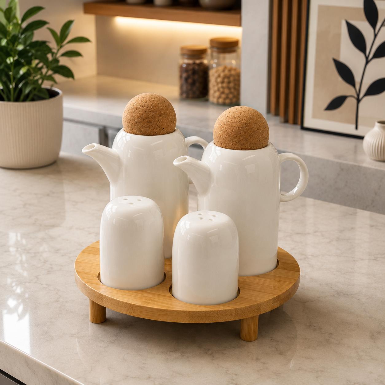 Ceramic Oil & Vinegar Set with Salt & Pepper Shakers & Bamboo Stand
