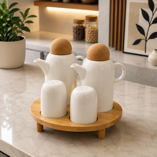 Ceramic Oil & Vinegar Set with Salt & Pepper Shakers & Bamboo Stand