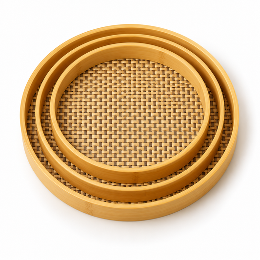 3-Piece Round Bamboo & Rattan Serving Tray Set
