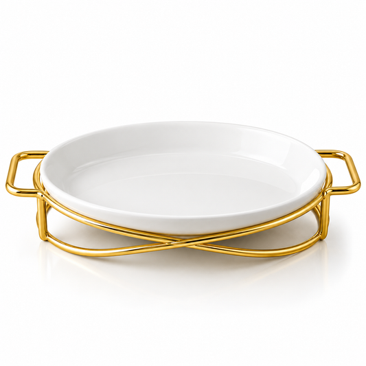 Brilliant 10-Inch Oval Ceramic Serving Dish with Gold Metal Stand