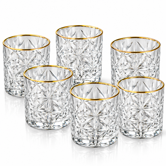 Luxe Gold Rim Starburst Crystal Glass Tumbler Set – 6 Pieces