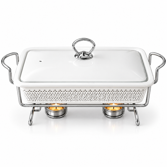 Brilliant 16.5-Inch Twin Rectangular Ceramic Chafing Dish with Metal Candle Stand