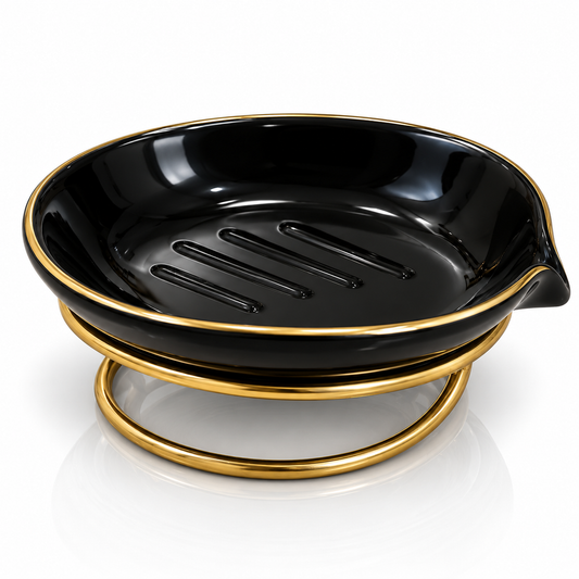 Luxury Black Ceramic Soap Dish with Gold Metal Stand