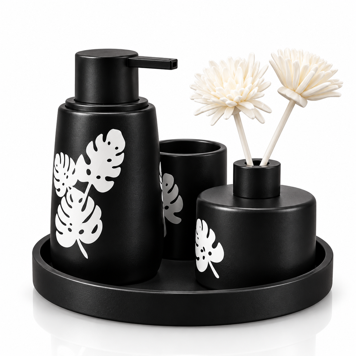 3-Piece Ceramic Bathroom Accessories Set with Tray – Black Botanical