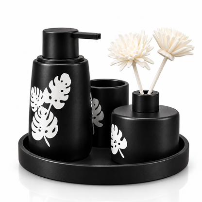 3-Piece Ceramic Bathroom Accessories Set with Tray – Black Botanical