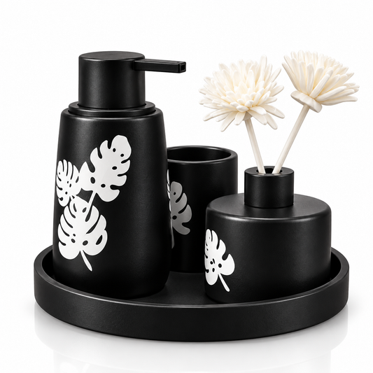 3-Piece Ceramic Bathroom Accessories Set with Tray – Black Botanical
