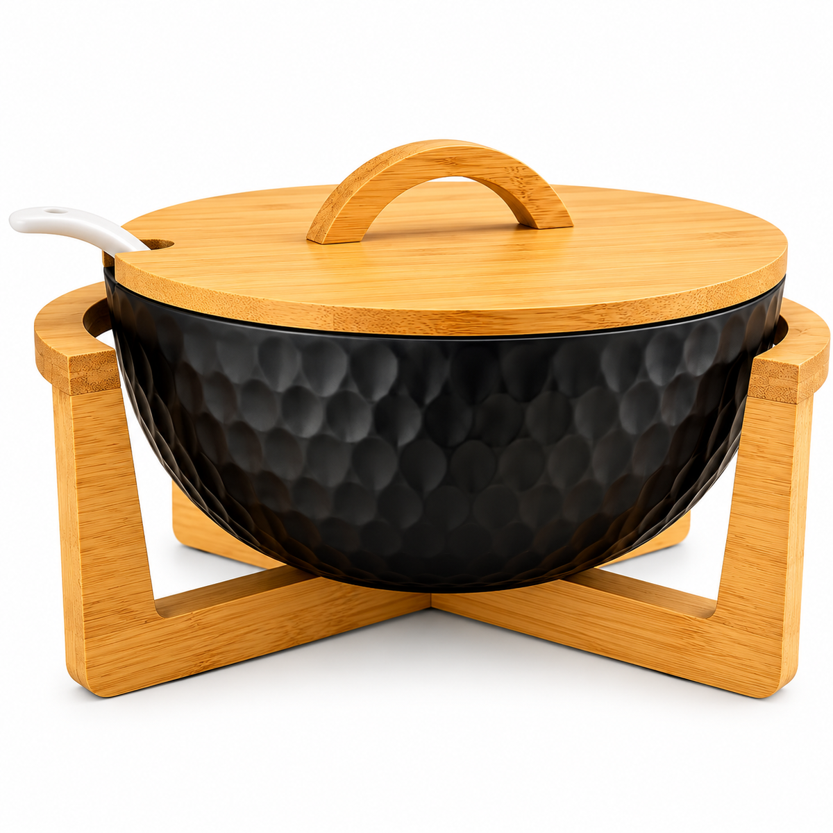 Modern Hammered Black Ceramic Serving Bowl with Wooden Lid & Stand