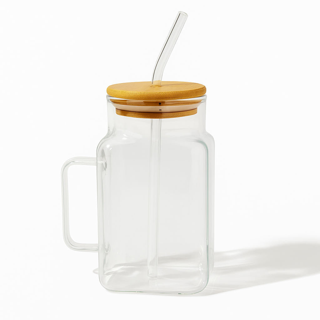 Square Glass Tumbler with Lid & Straw