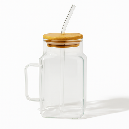 Square Glass Tumbler with Lid & Straw