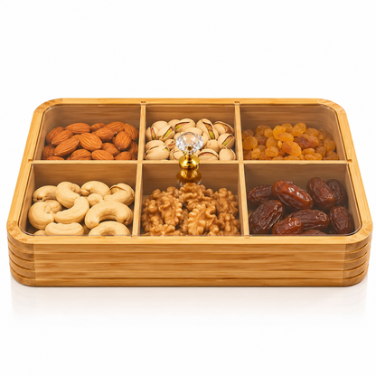 Premium Bamboo Dry Fruit Box with Plastic Lid – 6 Compartments | Natural
