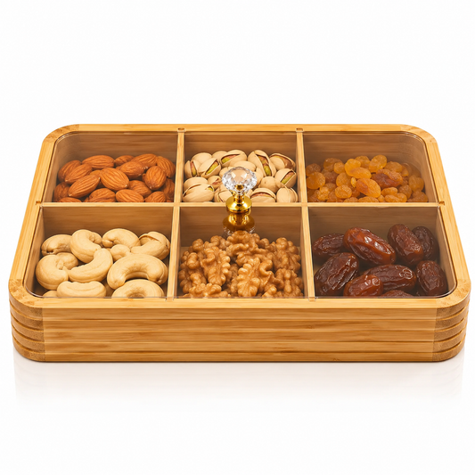 Premium Bamboo Dry Fruit Box with Plastic Lid – 6 Compartments | Natural