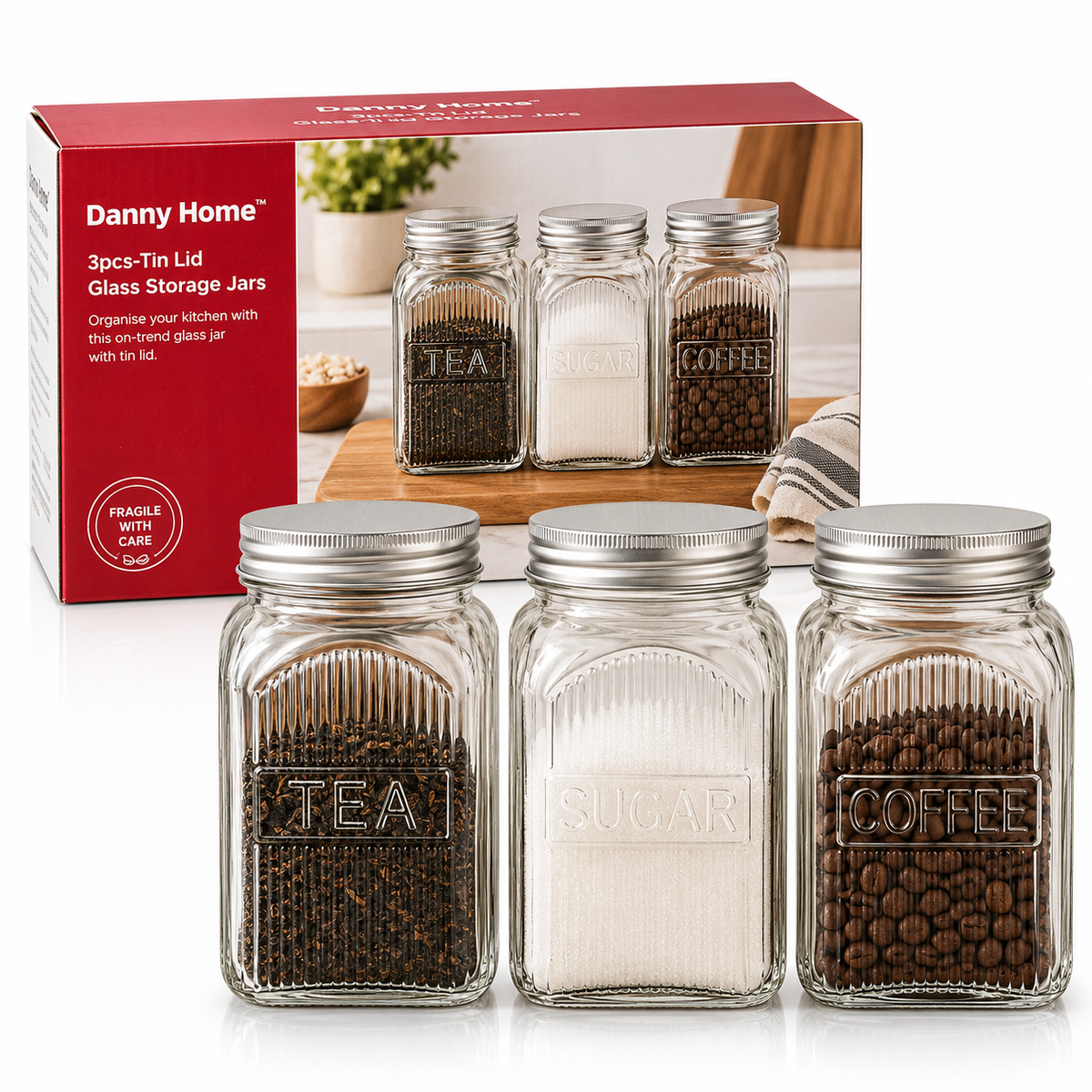Danny Home Glass Jars With Metal Lids Set 3Pcs 1000ml
