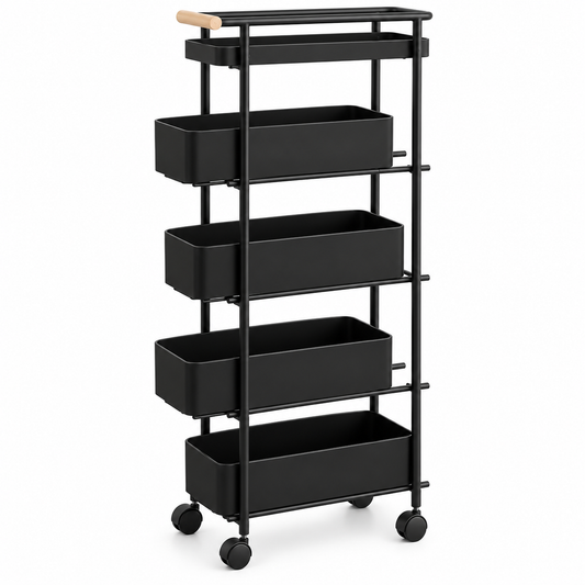 Binca 5 Layer Metal Utility Trolley with Sliding Drawers - Black
