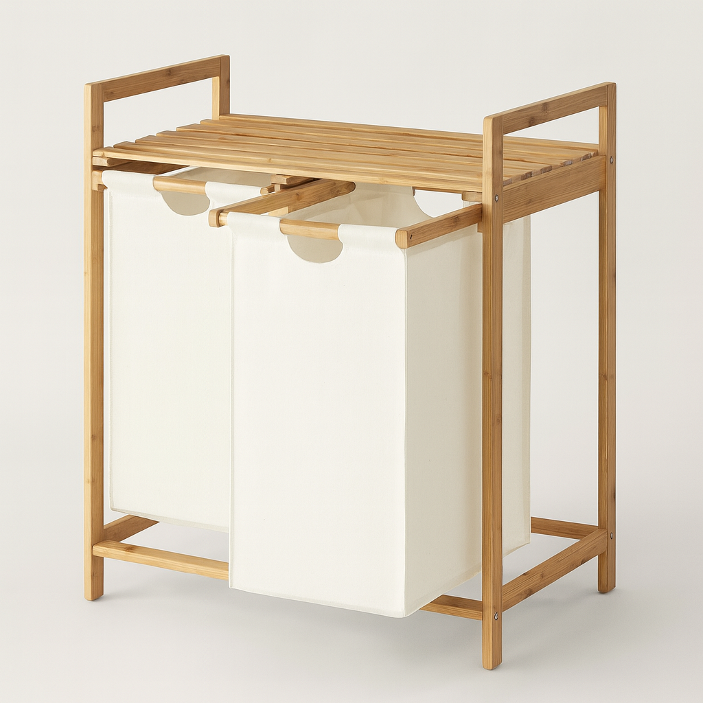 Bamboo Laundry Hamper With Dual Compartments - White