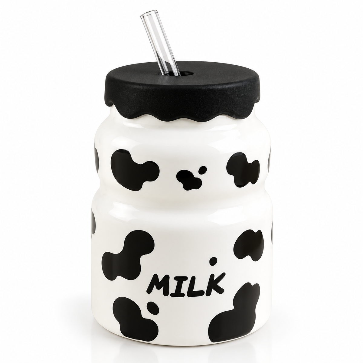 Cow Print Ceramic Milk Mug with Lid & Glass Straw