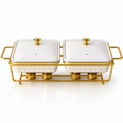 Brilliant Royal Duo 13" Twin Rectangular Ceramic Casserole Set with Metal Stand