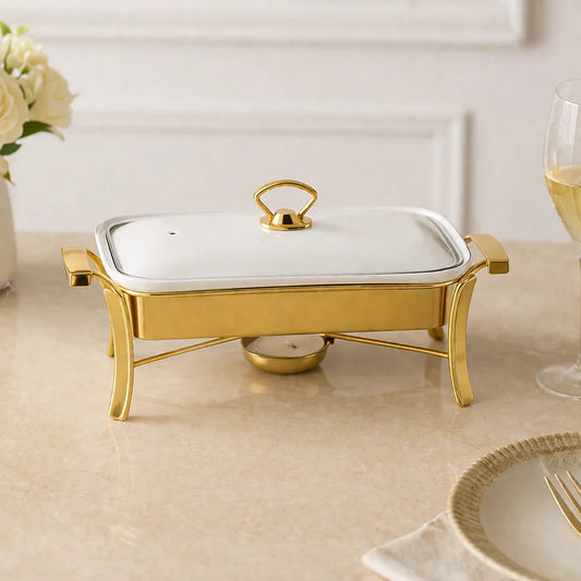 Brilliant Golden Rectangular Chafing Dish with Candle Stand