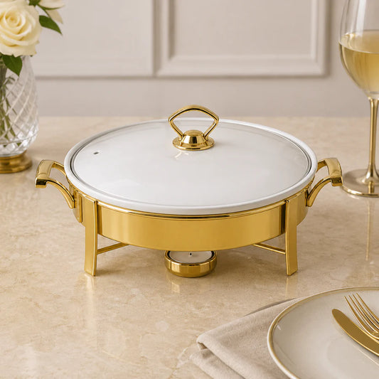 Brilliant Golden Round Chafing Dish with Candle Stand