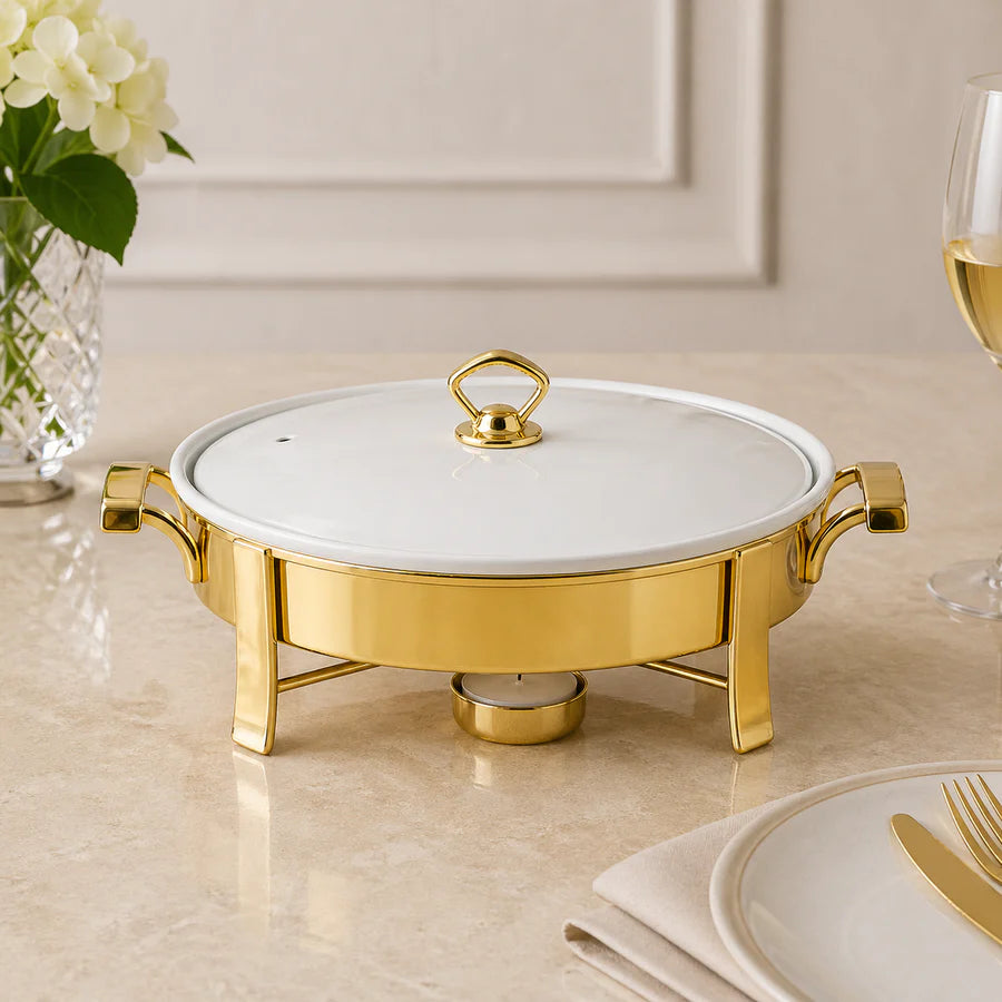 Brilliant Golden Ceramic Rectangular Chafing Dish with Candle Stand