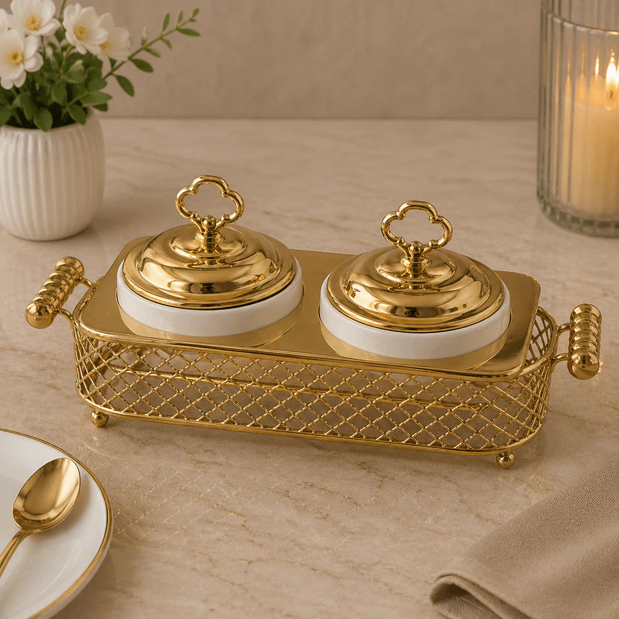 Brilliant Dual Round Bowl Set with Metal Stand