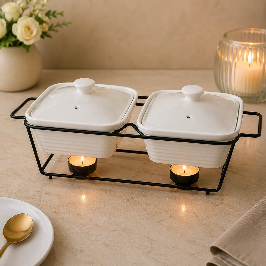 Brilliant Rectangular Twin Casserole with Candle Stand