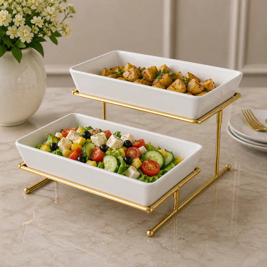 Brilliant 2-Tier Rectangular Serving Stand with Ceramic Trays