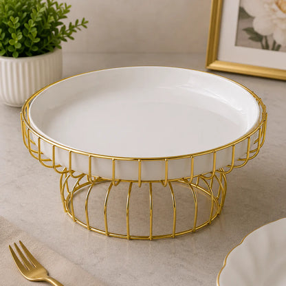 Brilliant 10-Inch Round Ceramic Plate with Gold Metal Stand