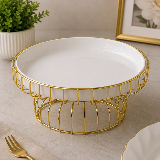 Brilliant 10-Inch Round Ceramic Plate with Gold Metal Stand