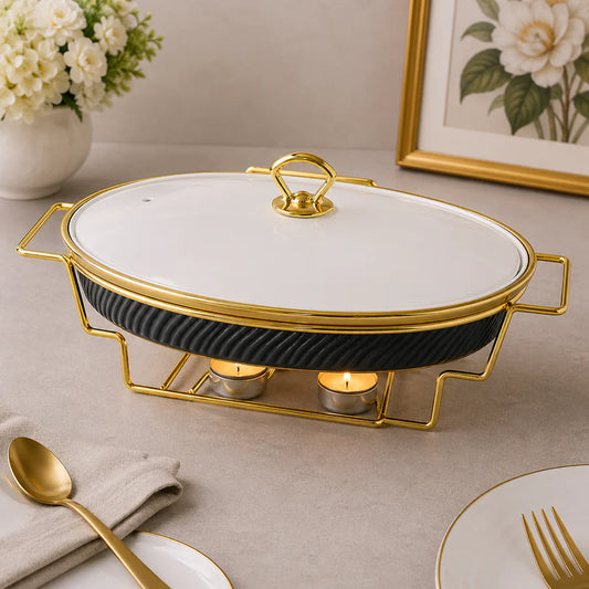 Brilliant 14.5-Inch Oval Ceramic Chafing Dish with Gold Metal Candle Stand