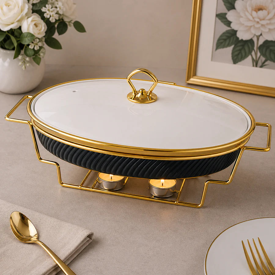 Brilliant 16-Inch Oval Ceramic Chafing Dish with Gold Metal Candle Stand