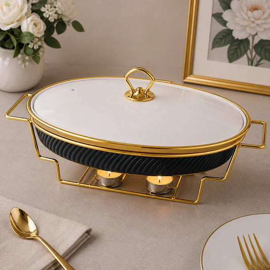 Brilliant 16-Inch Oval Ceramic Chafing Dish with Gold Metal Candle Stand