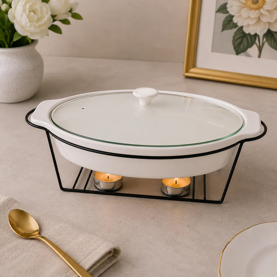 Brilliant 17-Inch Oval Ceramic Chafing Dish with Metal Candle Stand
