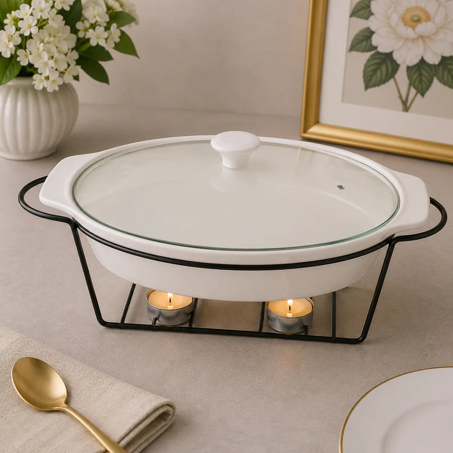 Brilliant 10-Inch Oval Ceramic Chafing Dish with Metal Candle Stand