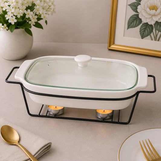 Brilliant 12-Inch Oval Ceramic Chafing Dish with Metal Candle Stand
