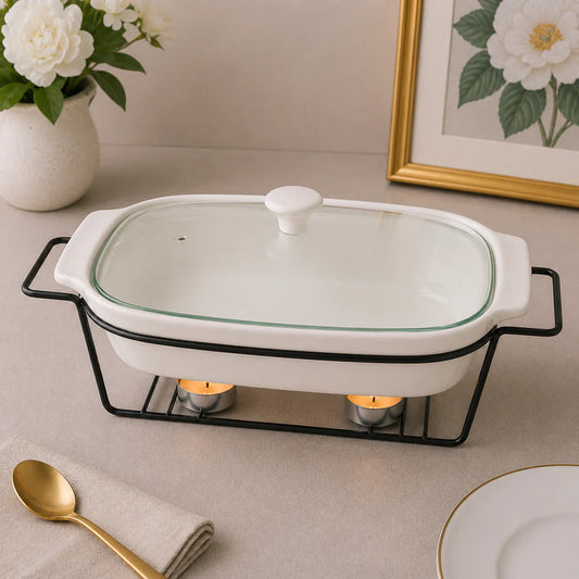 Brilliant 14-Inch Oval Ceramic Chafing Dish with Metal Candle Stand