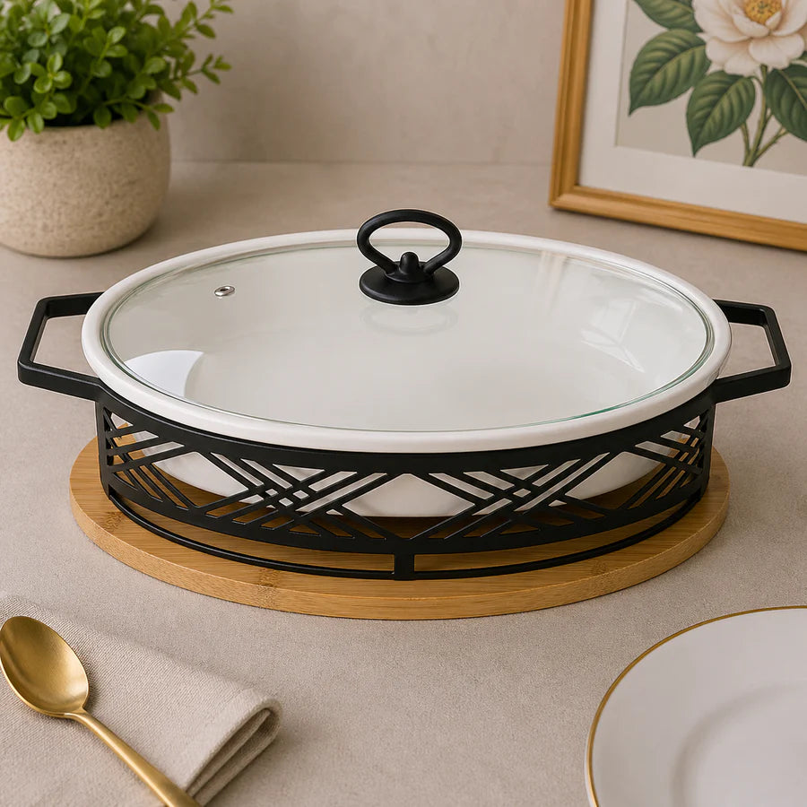 Brilliant 16-Inch Dual Oval Ceramic Chafing Dish Set with Metal Candle Stand