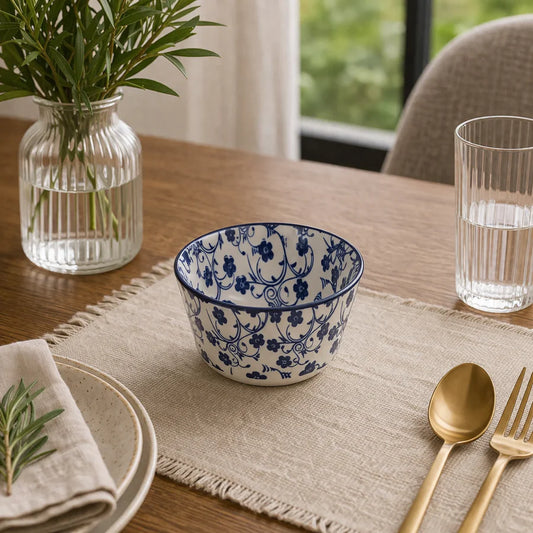 Danny Home Blue Flower 3.75" Ceramic Bowl – Elegant Floral Serving Bowl