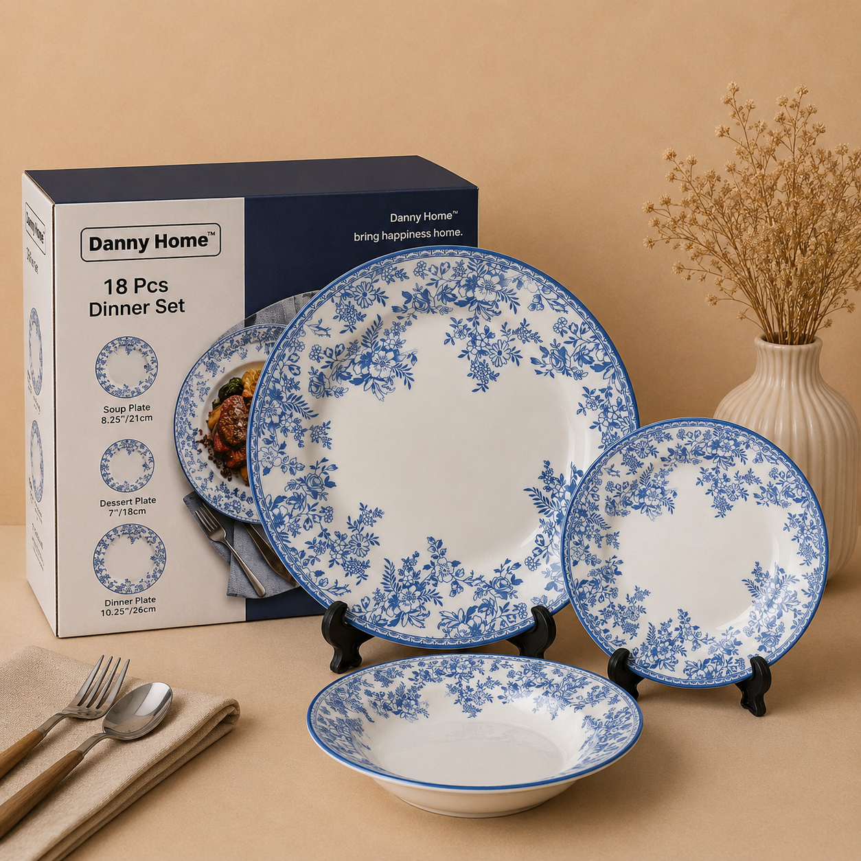 Danny Home 18 Pcs Blue Blossom Dinner Set