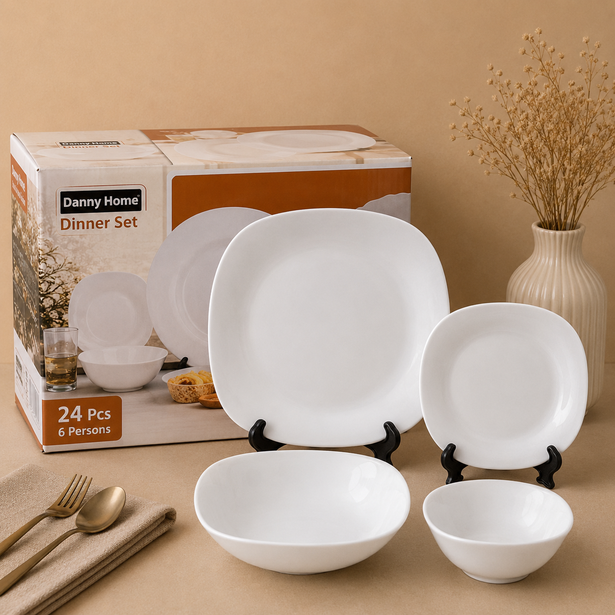 Danny Home 24 Pcs Modern Square White Dinner Set