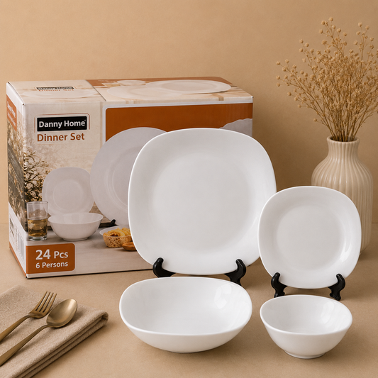 Danny Home 24 Pcs Modern Square White Dinner Set